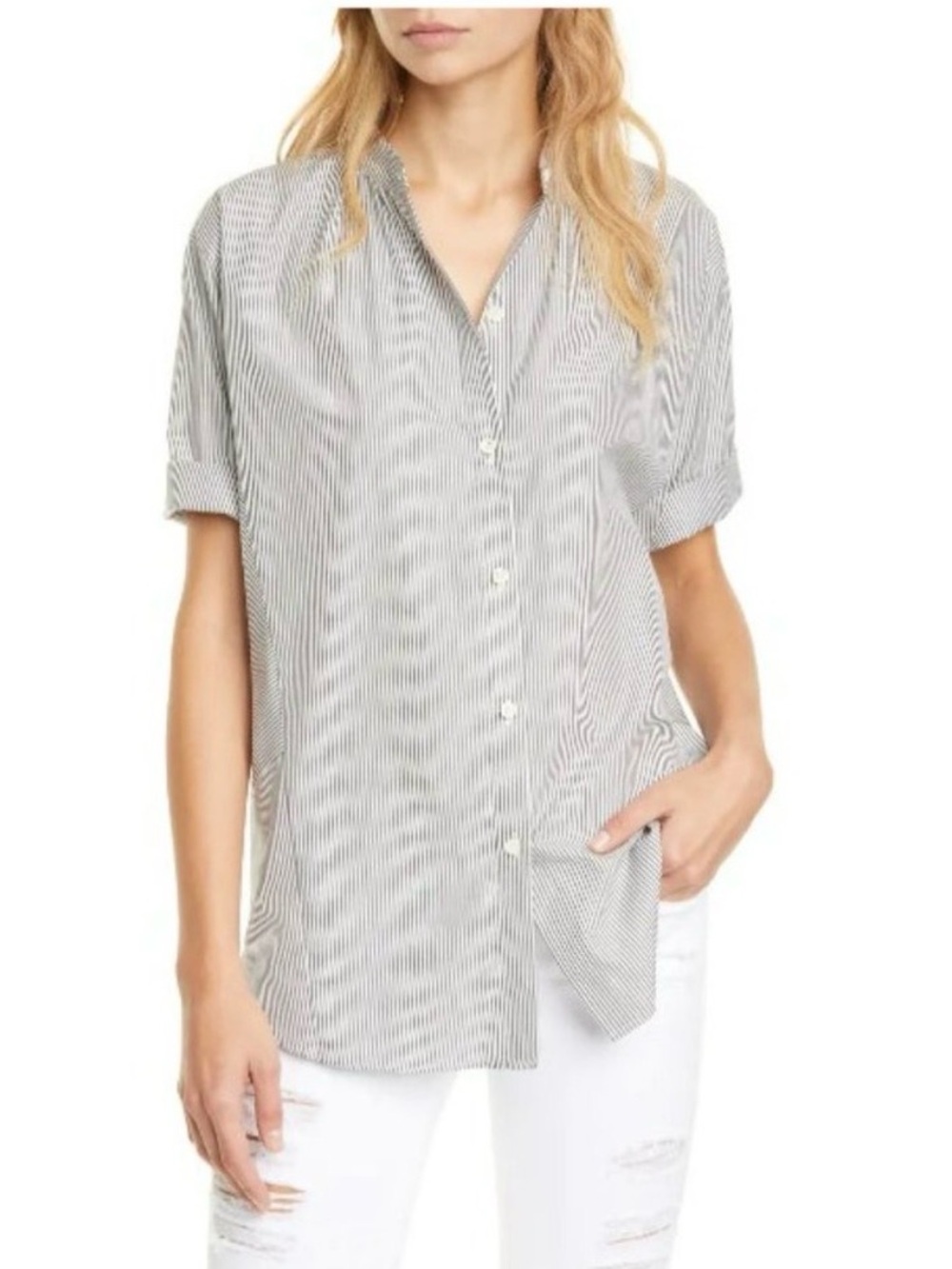 FRAME Striped Button Front Roll Sleeve Boxy Cotton Poplin Shirt Womens S/M